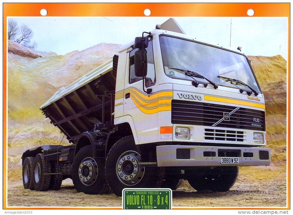 FICHE CARTONNE 25x18.5 CM CAMION DOC.AU DOS VOIR SCAN SERIE TRAVAUX PUBLICS 1985 VOLVO FL.10  8X 4 - Camions