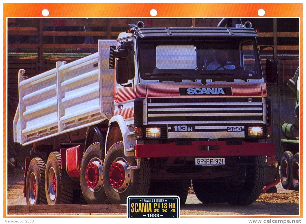 FICHE CARTONNE 25x18.5 CM CAMION DOC.AU DOS VOIR SCAN SERIE TRAVAUX PUBLICS 1988 SCANIA P 113 HK - Camions