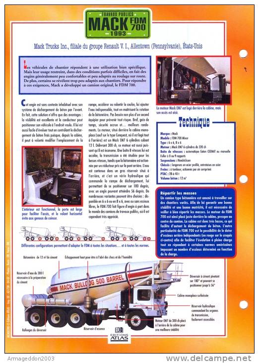 FICHE CARTONNE 25x18.5 CM CAMION DOC.AU DOS VOIR SCAN SERIE TRAVAUX PUBLICS 1993 MARK FDM 700 - Camions