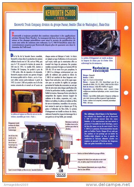 FICHE CARTONNE 25x18.5 CM CAMION DOC.AU DOS VOIR SCAN SERIE TRAVAUX PUBLICS 1985 Kenworth C500B - Trucks