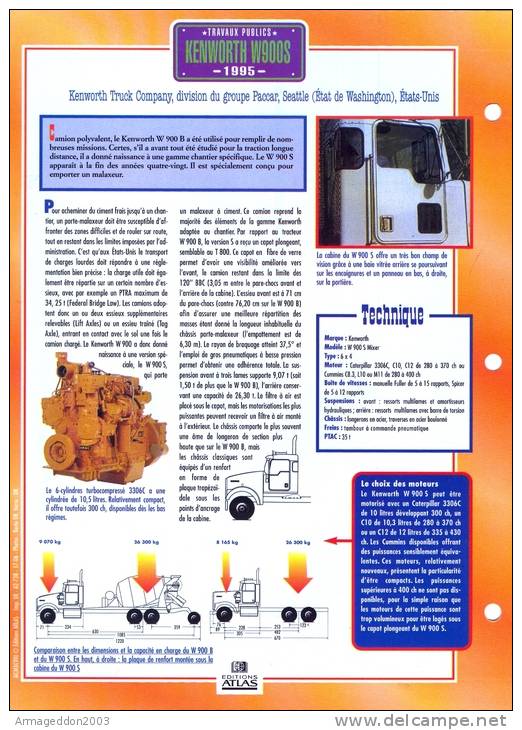 FICHE CARTONNE 25x18.5 CM CAMION DOC.AU DOS VOIR SCAN SERIE TRAVAUX PUBLICS 1995 Kenworth W900S - Camions