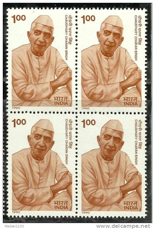 INDIA, 1990, Chowdhary Charan Singh, (1902-1987), Prime Minister Of India, Block Of 4,  MNH, (**) - Neufs