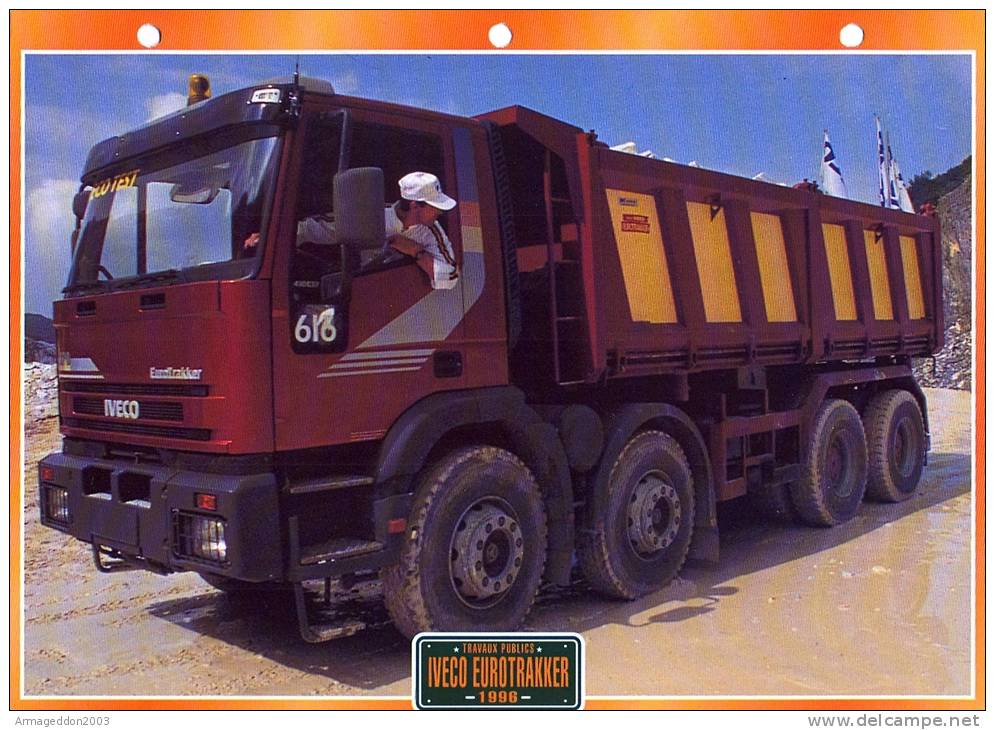 FICHE CARTONNE 25x18.5 CM CAMION DOC.AU DOS VOIR SCAN SERIE TRAVAUX PUBLICS  1988 IVECO EUROTRAKKER - Camions