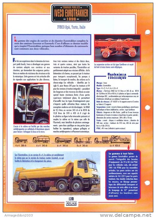 FICHE CARTONNE 25x18.5 CM CAMION DOC.AU DOS VOIR SCAN SERIE TRAVAUX PUBLICS  1988 IVECO EUROTRAKKER - Trucks