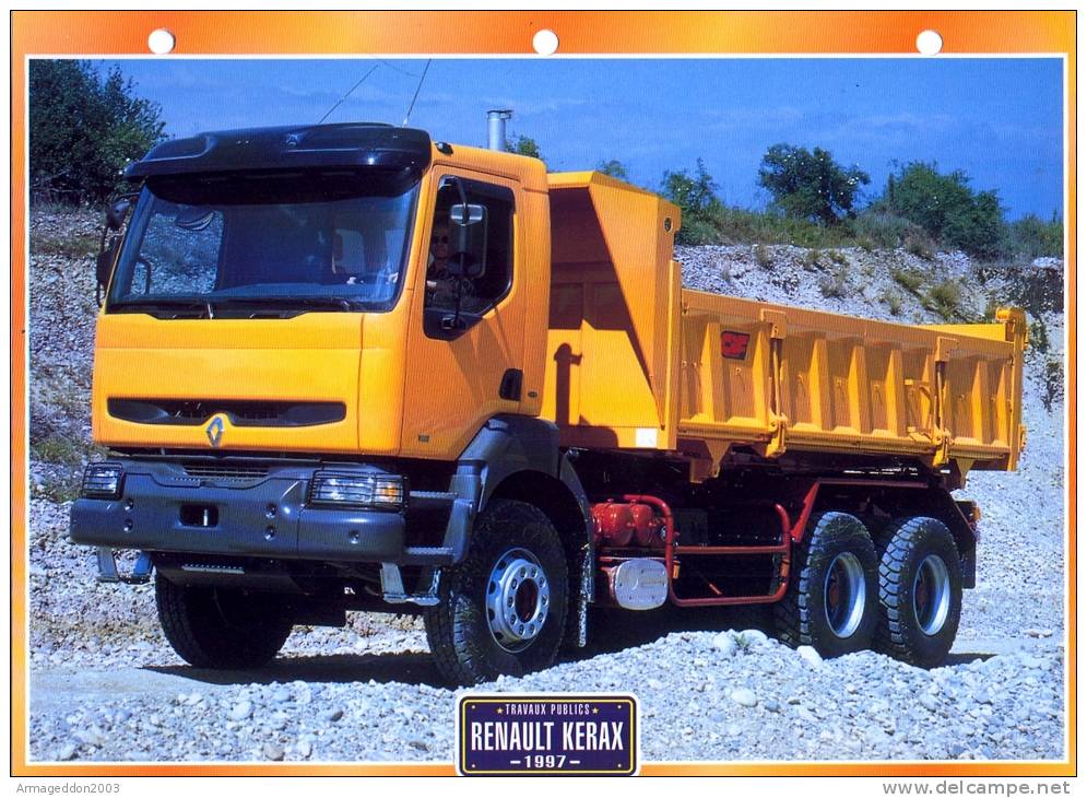 FICHE CARTONNE 25x18.5 CM CAMION DOC.AU DOS VOIR SCAN SERIE TRAVAUX PUBLICS 1997  RENAULT KERAX - Camion