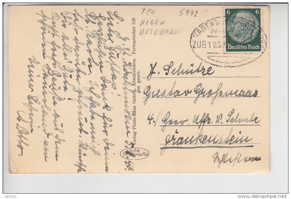 5942 KIRCHHUNDEM, Ortsansicht 1940, Bahnpost HAGEN - BETZDORF - Olpe