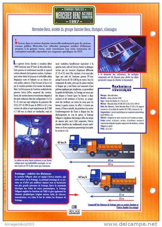 FICHE CARTONNE 25x18.5 CM CAMION DOC.AU DOS VOIR SCAN SERIE TRAVAUX PUBLICS 1997 MERCEDES BENZ ACTROS - Camiones