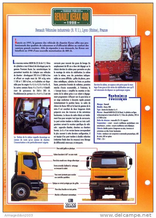 FICHE CARTONNE 25x18.5 CM CAMION DOC.AU DOS VOIR SCAN SERIE TRAVAUX PUBLICS  1998 RENAULT KERAX 400 - Trucks