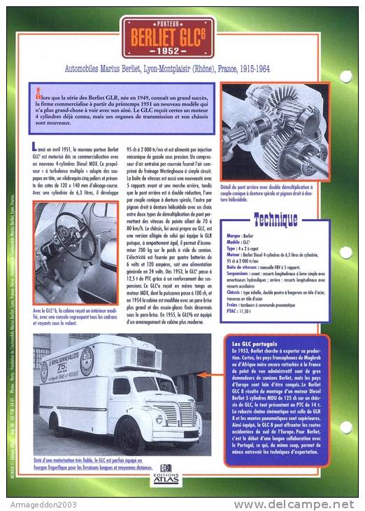 FICHE CARTONNE 25x18.5 CM CAMION DOC.AU DOS VOIR SCAN SERIE PORTEUR 1952 BERLIET GLC 6 - Trucks