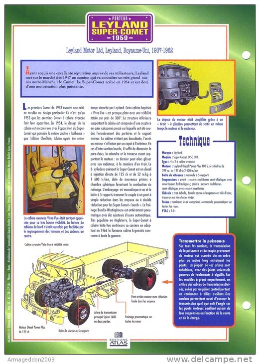 FICHE CARTONNE 25x18.5 CM CAMION DOC.AU DOS VOIR SCAN SERIE PORTEUR 1959 LEYLAND SUPER COMET - Trucks