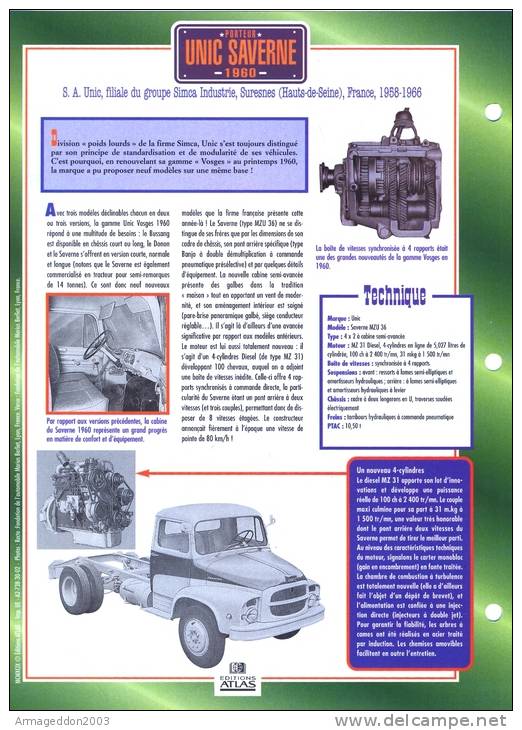 FICHE CARTONNE 25x18.5 CM CAMION DOC.AU DOS VOIR SCAN SERIE PORTEUR 1960 UNIC SAVERNE - Trucks
