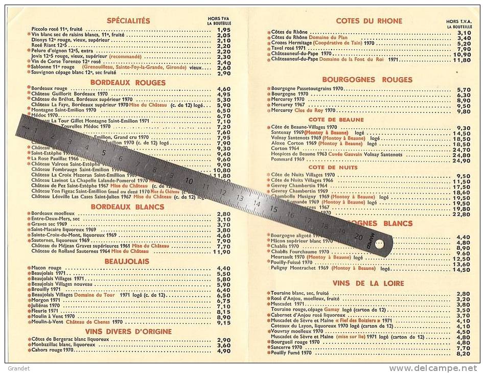 VALENCE D'AGEN - BEAUJEU - EGUISHEIM - PARIS 12è- TARIF VINS -1972. - Andere & Zonder Classificatie