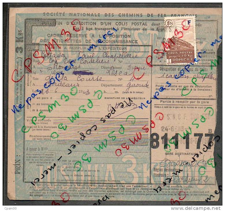 Colis Postaux Bulletin D´expédition (sans Valeur 3K) Avec Timbre F N° 811177 (cachet Gare Romans Bourg) - Covers & Documents