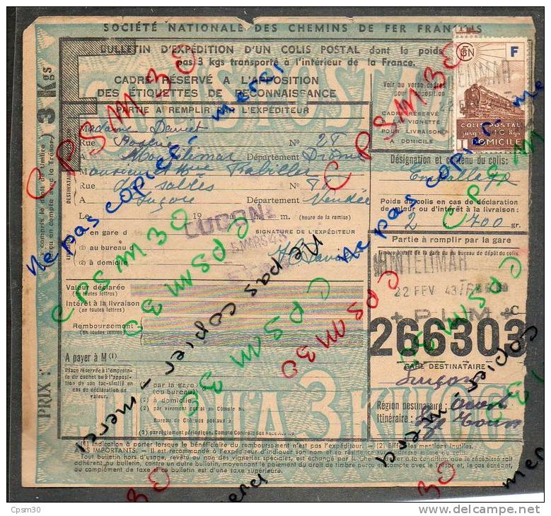 Colis Postaux Bulletin D´expédition (sans Valeur 3K) Avec Timbre F N° 266303 (cachet Gare Montélimar Et Lucon) - Lettres & Documents