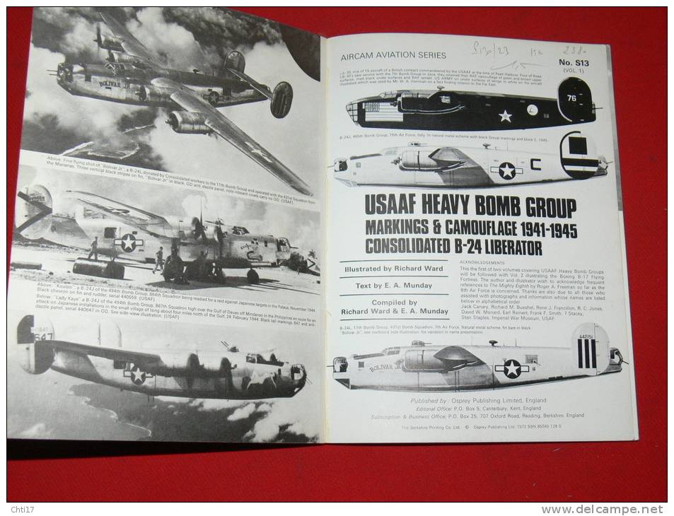 MILITARIA  WW 2  AVIATION AIRCAM AVIATION SERIES N°S13 BOMBARDIER B24 LIBERATOR 1941/45 EDITION 1972 - Fliegerei