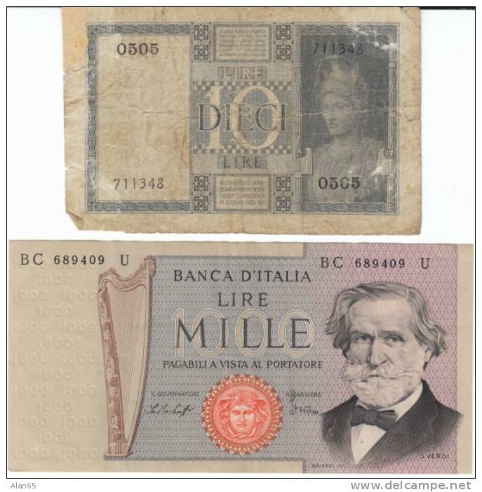 Lot Of 2, Italy #25c 10 Lire 1939 Or 1944 &amp; #101e 1000 Lire 1977 Banknotes Currency - [ 9] Colecciones