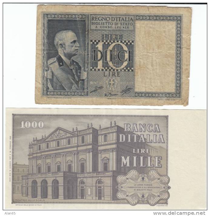 Lot Of 2, Italy #25c 10 Lire 1939 Or 1944 &amp; #101e 1000 Lire 1977 Banknotes Currency - [ 9] Verzamelingen