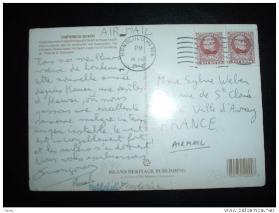 CP PAR AVION POUR LA FRANCE TP 32C X2 OBL. MECA. 28 DEC 1996 HONOLULU HI - Lettres & Documents