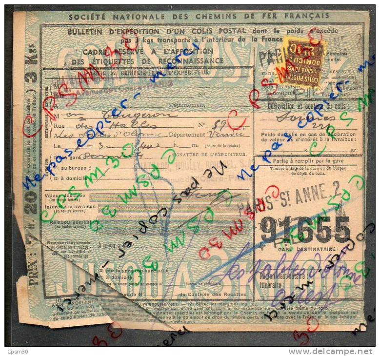 Colis Postaux Bulletin D´expédition 7.20 F Avec Timbre 2.40 F N° 91655 (cachet Gare Paris St Anne 2) - Covers & Documents