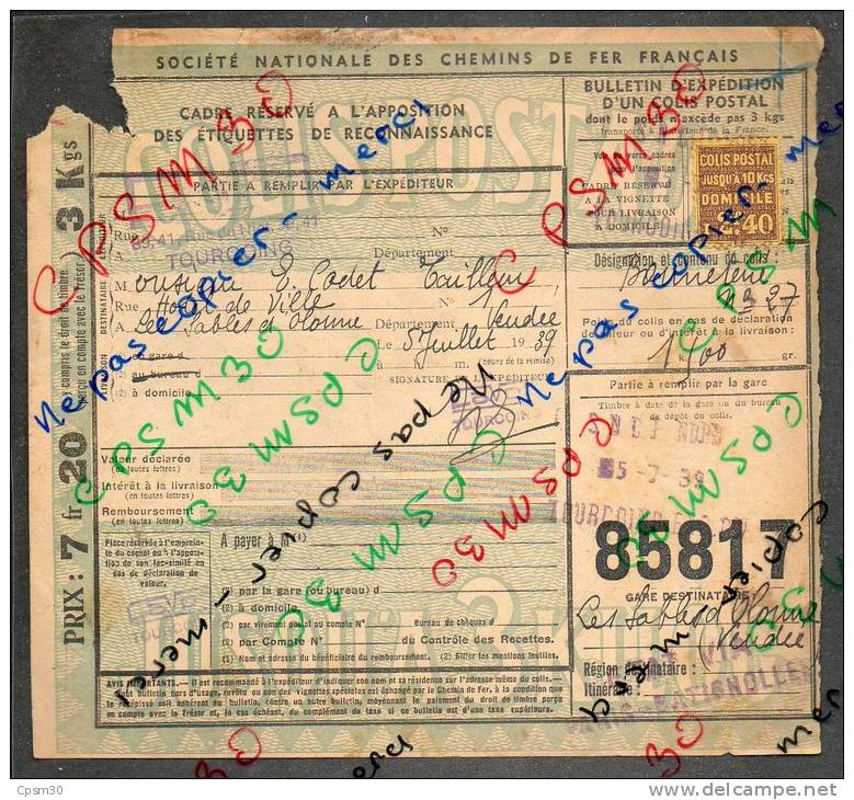 Colis Postaux Bulletin D´expédition 7.20 F Avec Timbre 2.40 F N° 85817 (cachet Gare Paris Batignoles Et Tourcoing) - Lettres & Documents