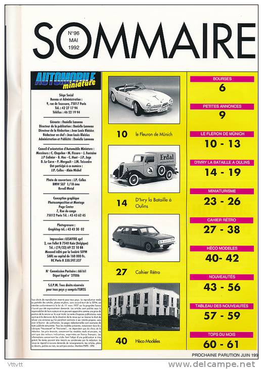 AUTOMOBILE MINIATURE, N° 96 (mai 1992) : Revell Metal, Solido, De Soto, Mercury, Spot-On, Dinky Toys, Héco-Modèles... - Revues