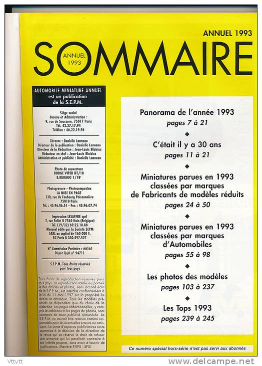 Rare AUTOMOBILE MINIATURE, Hors-Série Annuel (1993) : Classement Par Marques De Fabricants Et D'automobiles , 252 Pages - Riviste