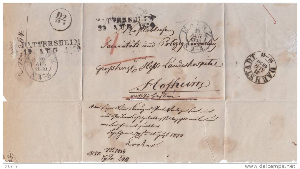 Vorphila-Brief Von Mainz K2: 19.AUG 1850 Nach Hattersheim L2 Und Zurück, Dann Nach Hofheim über Darmstadt K2 - Prephilately