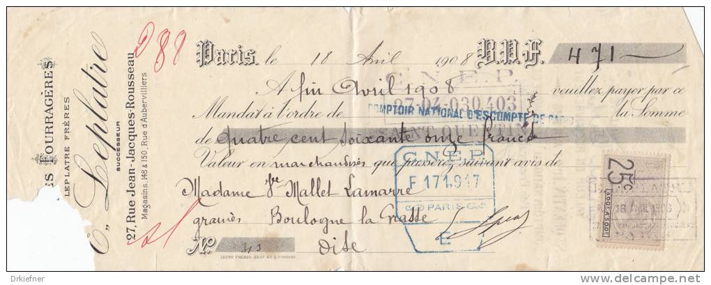 Wechsel Der Bank E. Leplatre, Paris über 471 Francs, 18. April 1908 - Wechsel
