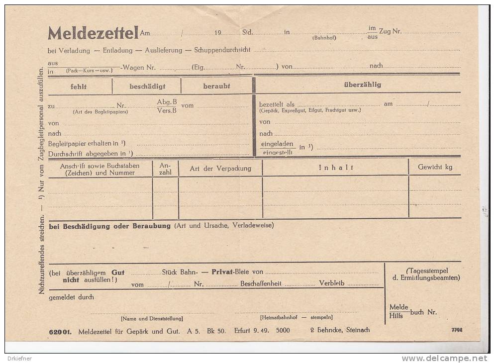 Eisenbahn Meldezettel Für Gepäck Und Gut Dia A5, Unausgefülltes Formular 1949 - Ohne Zuordnung