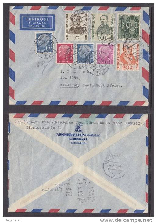 Germany: 1956 Cover, NIEDERAU  To WINDHOEK, SOUTH WEST AFRICA, Olympics, Hahnmann,Kolping, Sieveking - Briefe U. Dokumente