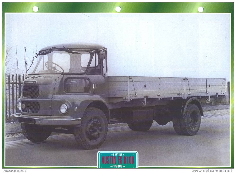 FICHE CARTONNE 25x18.5 CM CAMION DOC.AU DOS VOIR SCAN SERIE PORTEUR 1963 AUSTIN FG K100 - Trucks