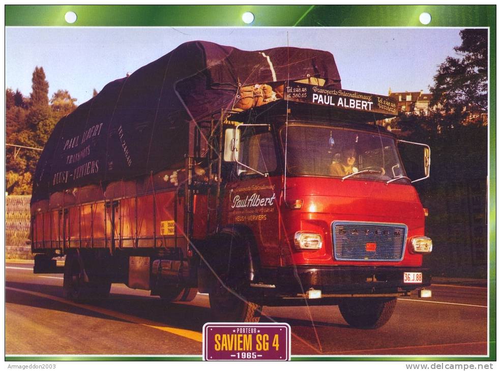 FICHE CARTONNE 25x18.5 CM CAMION DOC.AU DOS VOIR SCAN SERIE PORTEUR 1965 SAVIEM SG4 - LKW