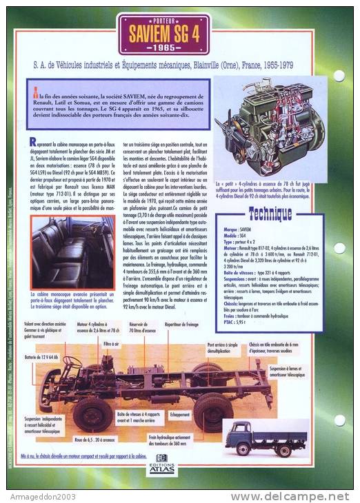 FICHE CARTONNE 25x18.5 CM CAMION DOC.AU DOS VOIR SCAN SERIE PORTEUR 1965 SAVIEM SG4 - Trucks