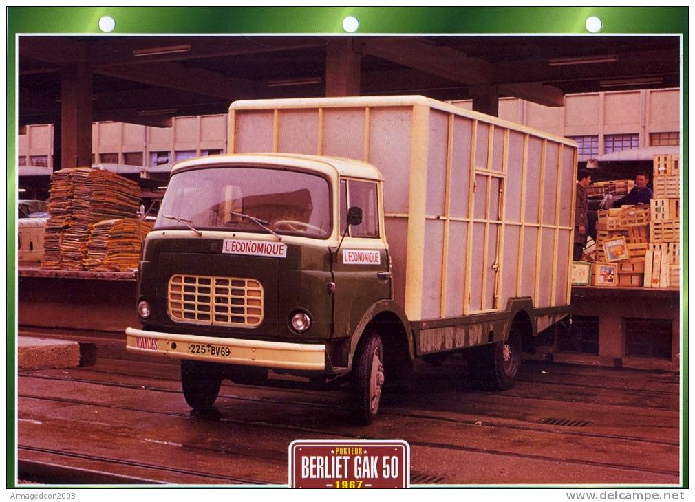 FICHE CARTONNE 25x18.5 CM CAMION DOC.AU DOS VOIR SCAN SERIE PORTEUR 1967 BERLIET L'ECONOMIQUE GAK 50 - Trucks