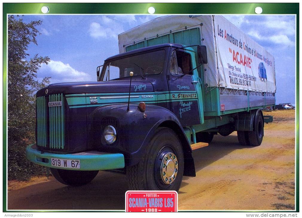 FICHE CARTONNE 25x18.5 CM CAMION DOC.AU DOS VOIR SCAN SERIE PORTEUR 1968 SCANIA VABIS L85 - Camion