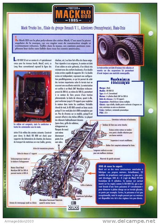 FICHE CARTONNE 25x18.5 CM CAMION DOC.AU DOS VOIR SCAN SERIE PORTEUR BOIS MACK RD800 1985 - Camion