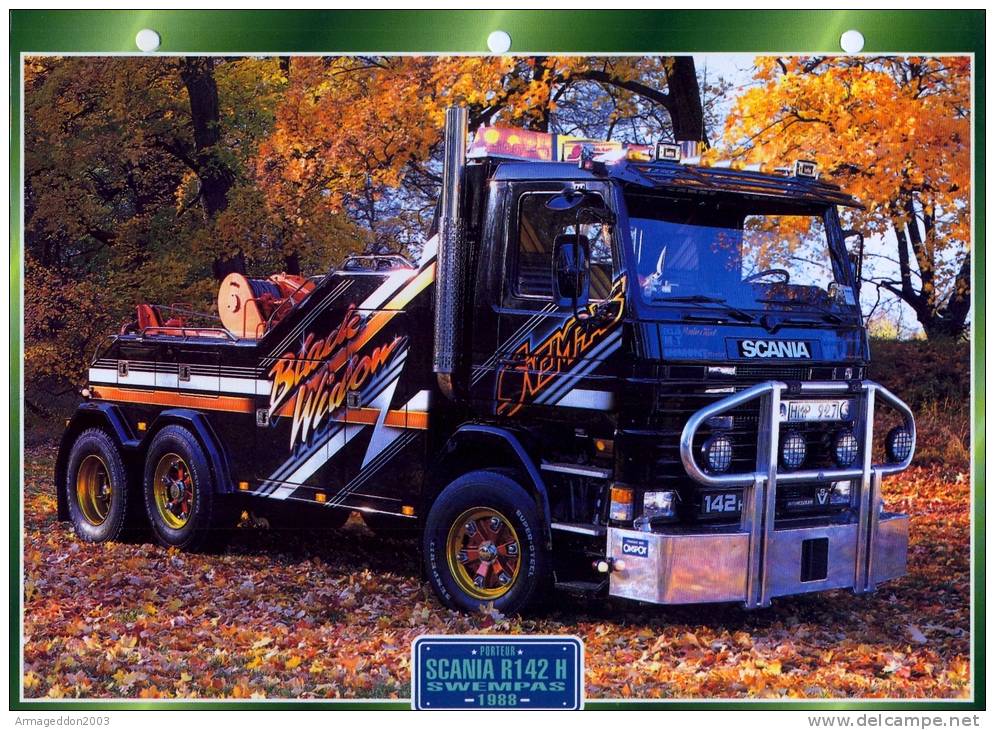 FICHE CARTONNE 25x18.5 CM CAMION DOC.AU DOS VOIR SCAN SERIE PORTEUR 1988 SCANIA R142H SWEMPAS - Camion