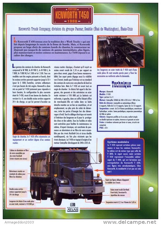 FICHE CARTONNE 25x18.5 CM CAMION DOC.AU DOS VOIR SCAN SERIE PORTEUR 1988 KENWORTH T450 - Trucks
