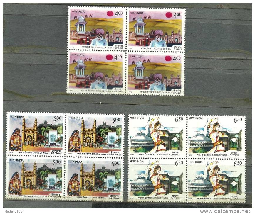 INDIA, 1990, Cities Of India, Set 3 V, Bikaner, Hyderabad, Cuttack,h Blocks Of 4,   MNH, (**) - Neufs