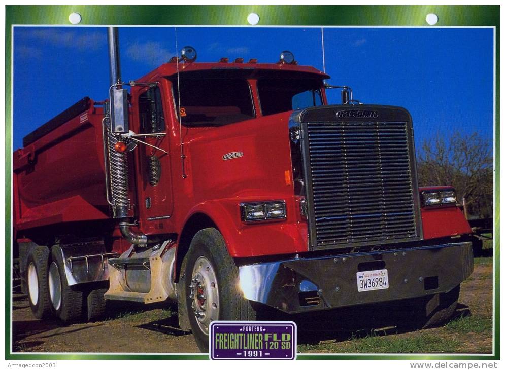FICHE CARTONNE 25x18.5 CM CAMION DOC.AU DOS VOIR SCAN SERIE PORTEUR 1991 FREIGHTLINER FLD 120 SD - Trucks