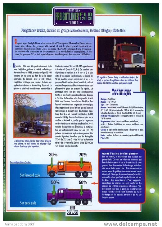 FICHE CARTONNE 25x18.5 CM CAMION DOC.AU DOS VOIR SCAN SERIE PORTEUR 1991 FREIGHTLINER FLD 120 SD - Trucks