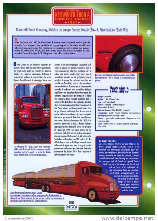 FICHE CARTONNE 25x18.5 CM CAMION DOC.AU DOS VOIR SCAN SERIE PORTEUR ESSENCE 1991 KENWORTH T600A CONCEPT TRAILER - Camions