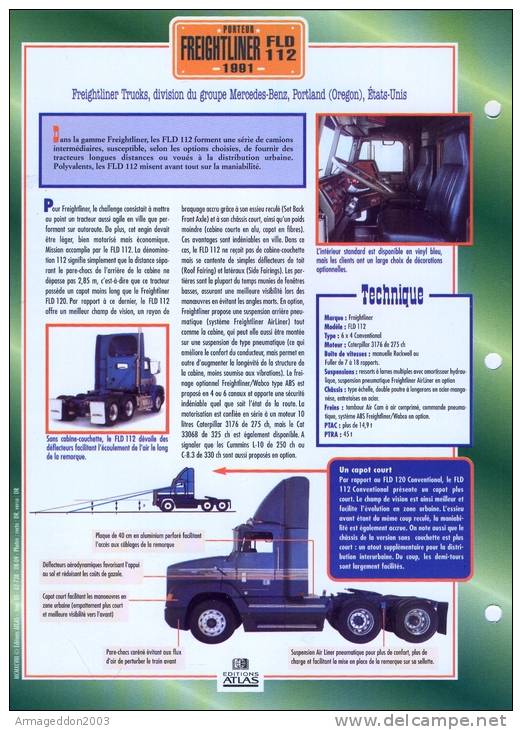 FICHE CARTONNE 25x18.5 CM CAMION DOC.AU DOS VOIR SCAN SERIE PORTEUR 1991 FREIGHTLINER FLD 112 - LKW