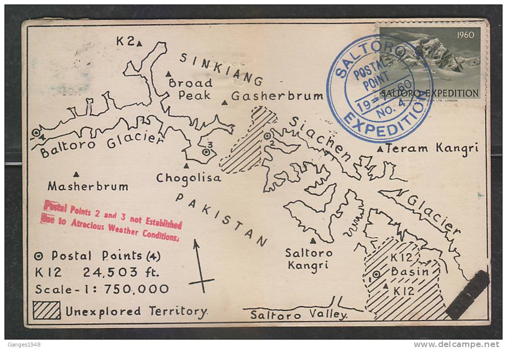 Pakistan  1960  Mount Everest  Saltoro Expedition Mailed Postcard With Label ...2 SCANS #  44236 - Escalada