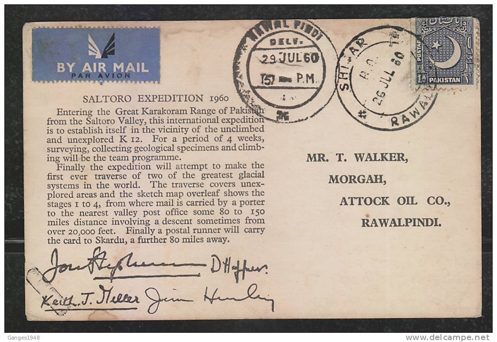 Pakistan  1960  Mount Everest  Saltoro Expedition Mailed Postcard With Label ...2 SCANS #  44236 - Escalada