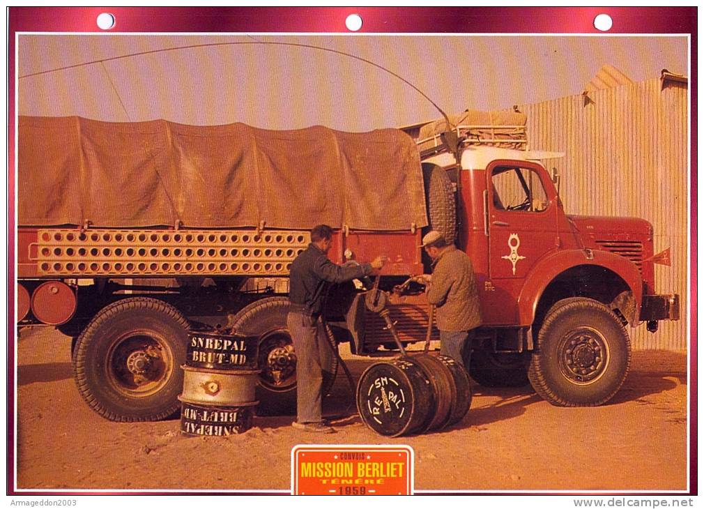 FICHE CARTONNE 25x18.5 CM CAMION DOC.AU DOS VOIR SCAN SERIE CONVOI US FORT LAMY 1959 MISSION BERLIET TENERE - Camion