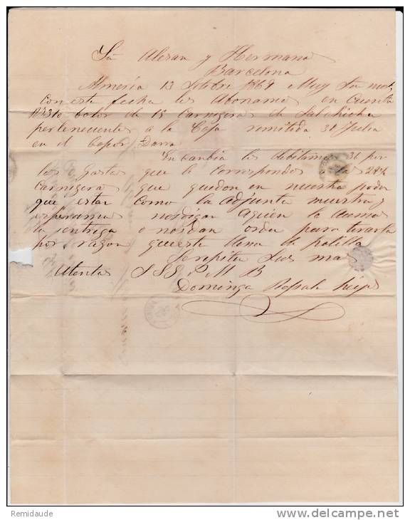 ESPAGNE - 1869 - LETTRE De ALMERIA Pour BARCELONA - Cartas & Documentos