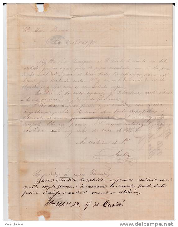 ESPAGNE - 1875 - LETTRE Pour BARCELONA - TIMBRE DE GUERRE - Briefe U. Dokumente