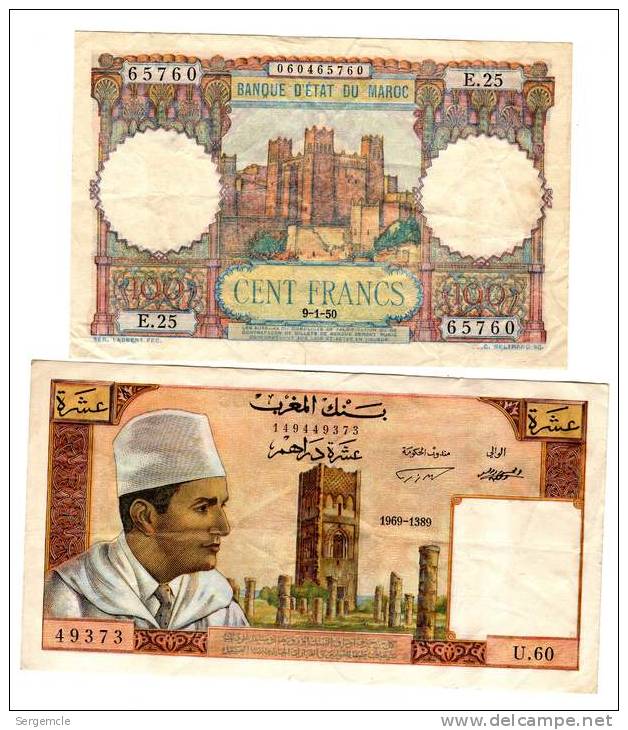 Deux Billets Cent Francs Et 10 Dirhams 1950 Et  1969 - Maroc