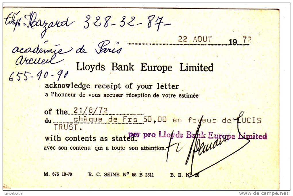 LLOYDS BANK EUROPE LIMITED 1972 - Banques